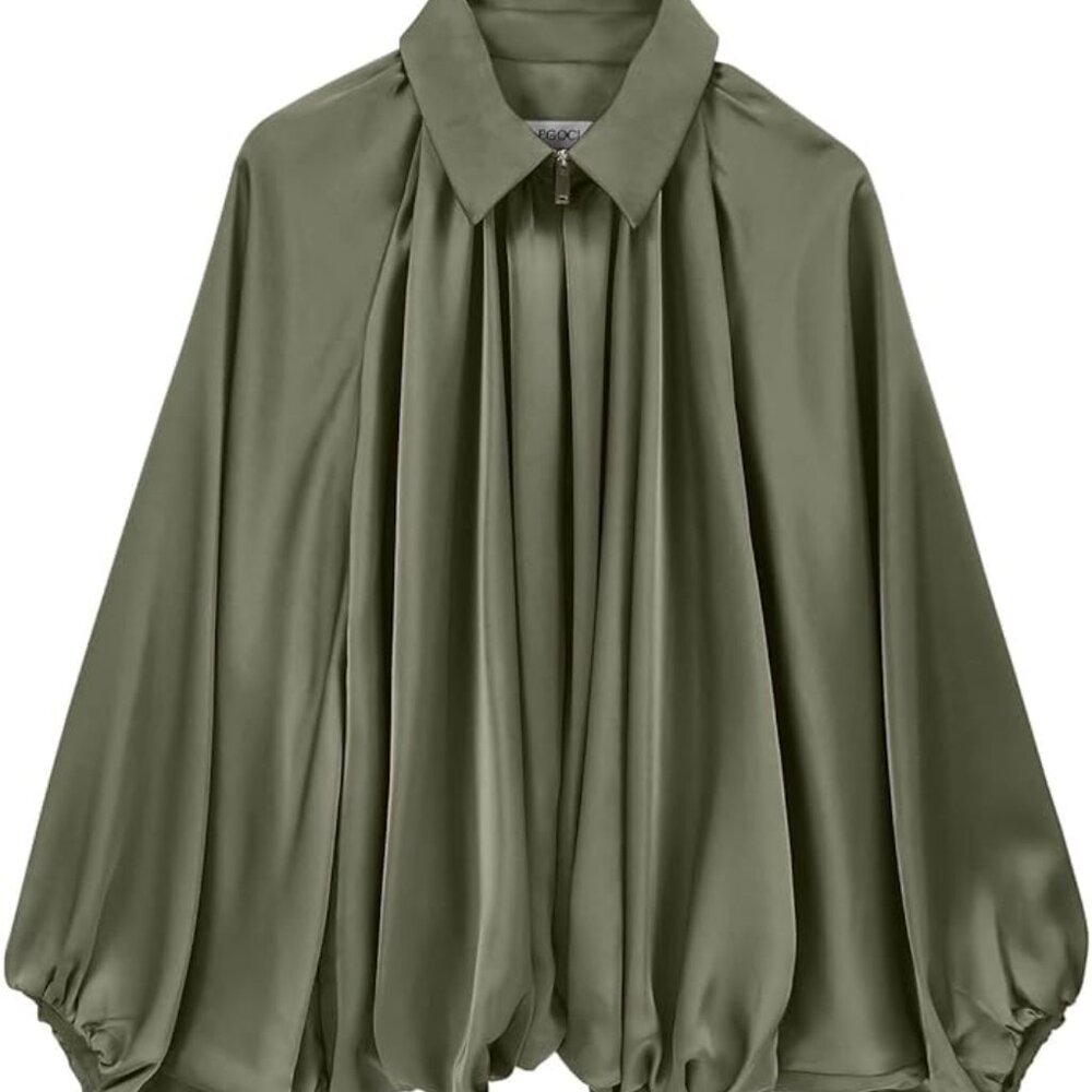Talakeno Oversized Olive Green Puffed Bomber Pleated Jacket / Batwing Sleeves  M